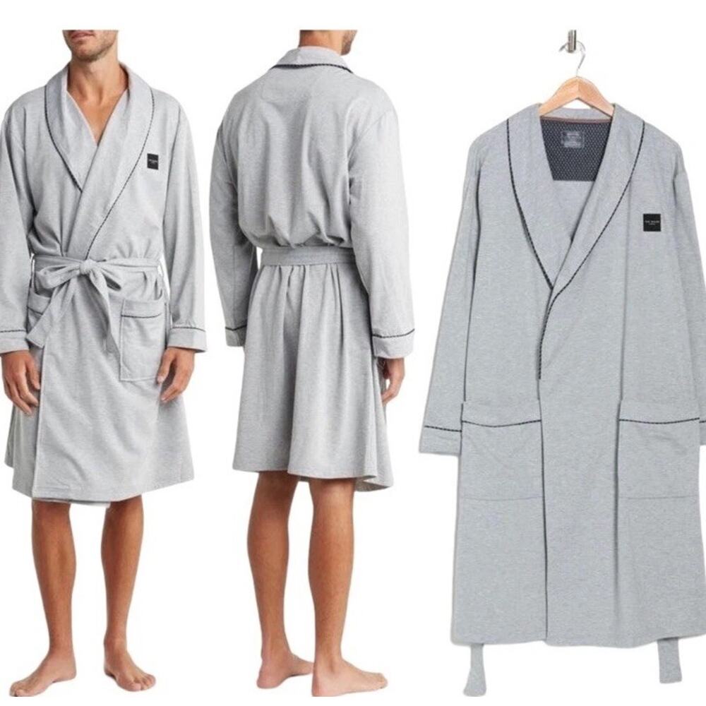 NWT Ted Baker London Mens Robe Sz Large/XL Brushed Pone Piped Trim‎ Heather Grey